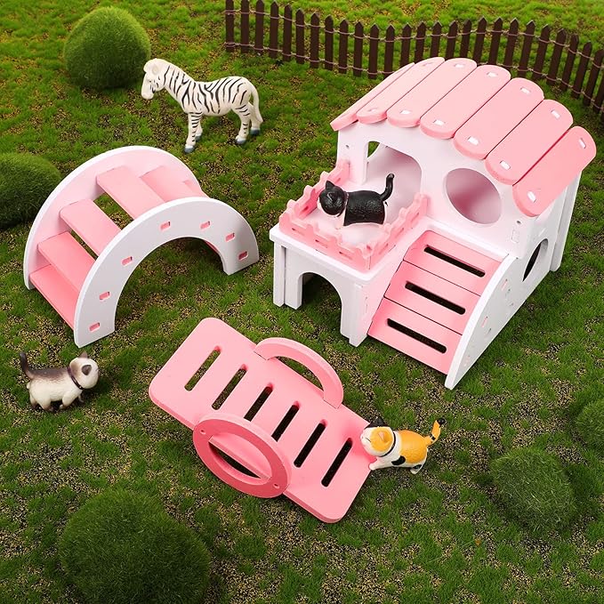 3 Pieces Fun Hamster Guinea Pig Hideout Kit Include PVC Hamster House, Rainbow Bridge, Seesaw DIY Exercise Playhouse for Rats Mouse Small Animals(Small,Pink)