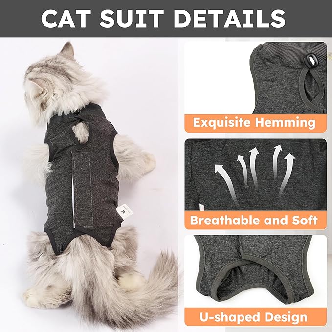 Hpetppy Cat Recovery Suit After Surgery, Breathable Cat Surgery Recovery Suit for Spay Abdominal Wounds or Skin Diseases, E-Collar Alternative Wear for Small Male Female Pets (Dark Grey, L)