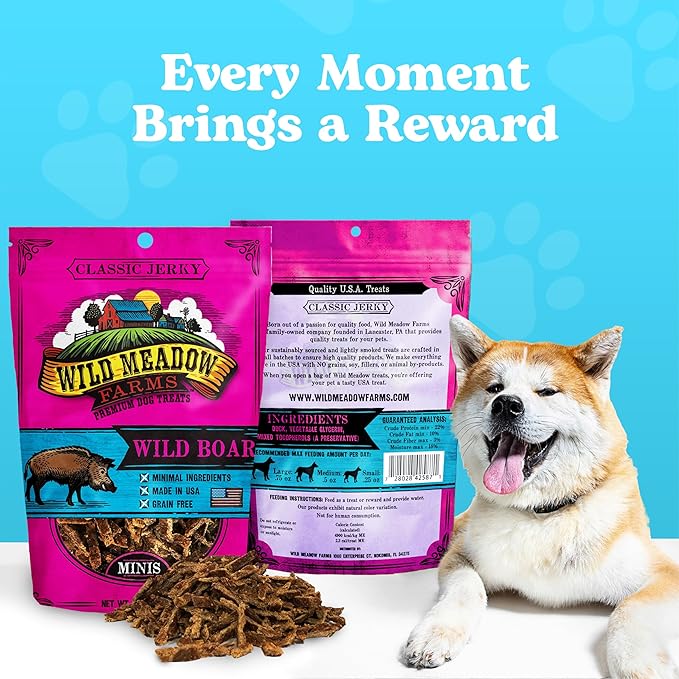 Wild Meadow Farms Classic Wild Boar Dog Minis - Soft Jerky Training Treats for Dogs, Grain-Free, All-Natural & Perfectly Sized for Training, High-Value Rewards in a Convenient 3.5 Ounce Pouch