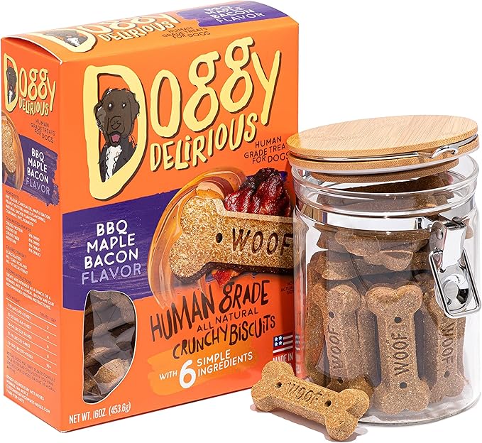 Doggy Delirious Crunchy Dog Treats – for All Pet Sizes, Breeds – All-Natural Puppy Treat – 100% Human-Grade – Delicious Pet Treat Bones, Snacks for Dogs – BBQ Maple Bacon, 16 Oz.
