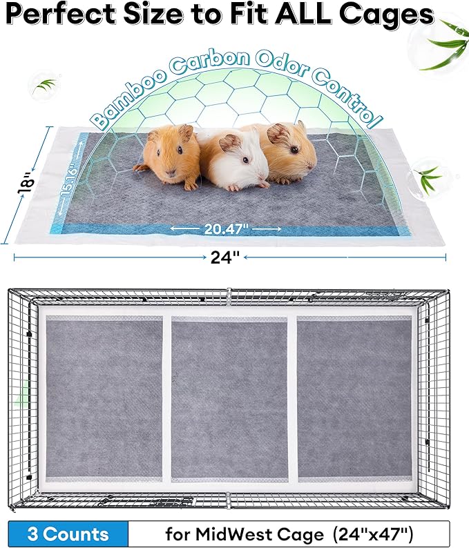 BUCATSTATE Disposable Guinea Pig Cage Liners 30 Count, Super Absorbent Guinea Pig Bedding, Bamboo Charcoal Odor Control Pee Pads for Rabbits, Ferrets and Birds (18''x24'')