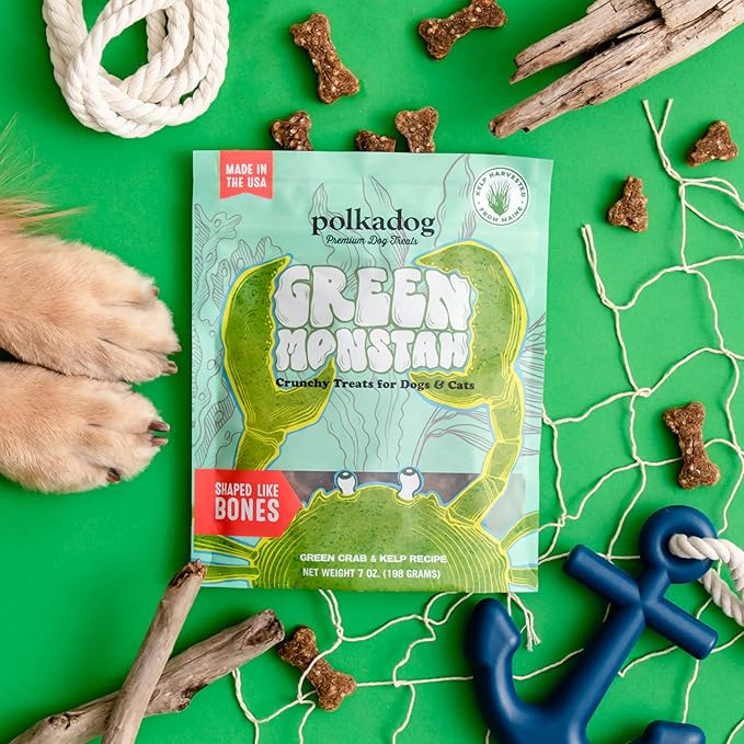 Polkadog Green Monstah Bone Shaped Dog Treats - Kelp & Green Crab, Crunchy, All Natural, Limited Ingredient, Lean Protein & Omega-3 Rich Snacks for Dogs, Great for All Breeds, Made in USA - 7oz