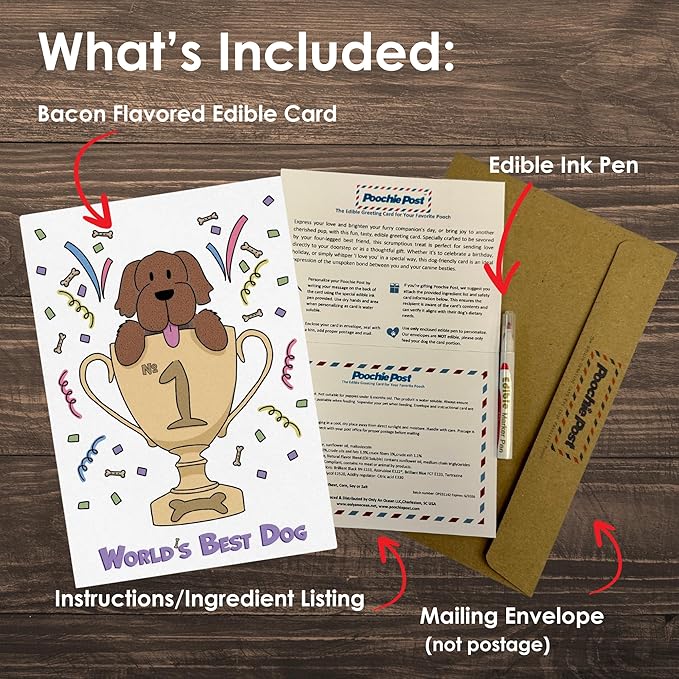 Poochie Post Edible Greeting Card for Dogs, Bacon-Flavored Dog Treat Gift with Edible Ink Pen, "World's Best Dog" Design, Gluten & Grain Free, Made in USA
