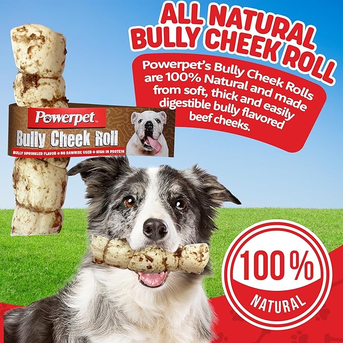 Powerpet Treats Bully Beef Cheek Rolls for Dogs - 100% Natural & Highly Digestible - High Protein, Low Fat - No Rawhide - Soft & Thick Chew Treat - Good Dental Hygiene - Bully Sprinkled Flavor - 1pc