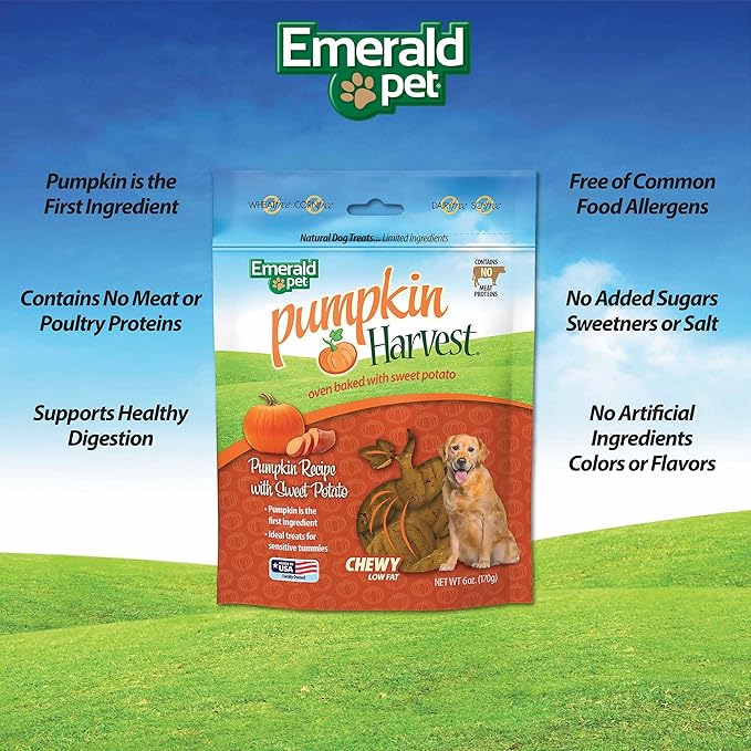 Emerald Pet Pumpkin Harvest Dog Treats - Low-Fat Chewy Natural Dog Treats with Pumpkin for Digestive Health - Meat Free, Wheat Free - Sweet Potato, 6 oz