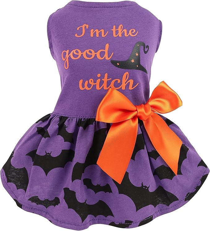 Fitwarm 100% Cotton I'm The Good Witch Halloween Dog Costume Puppy Dress Doggie Party One Piece with Bowknot Pumkin Bat Pet Vest Shirt Holiday Cat Outfits Purple Large