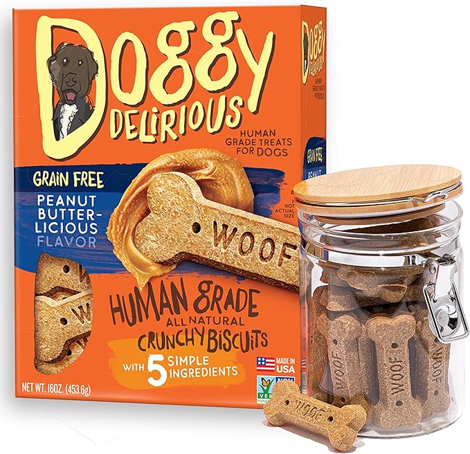Doggy Delirious Crunchy Dog Treats – All Breeds & Sizes – Natural Puppy Snack – 100% Human-Grade – Grain-Free Peanut Butter Bones – 16 Oz, 1 lb Pack (1)