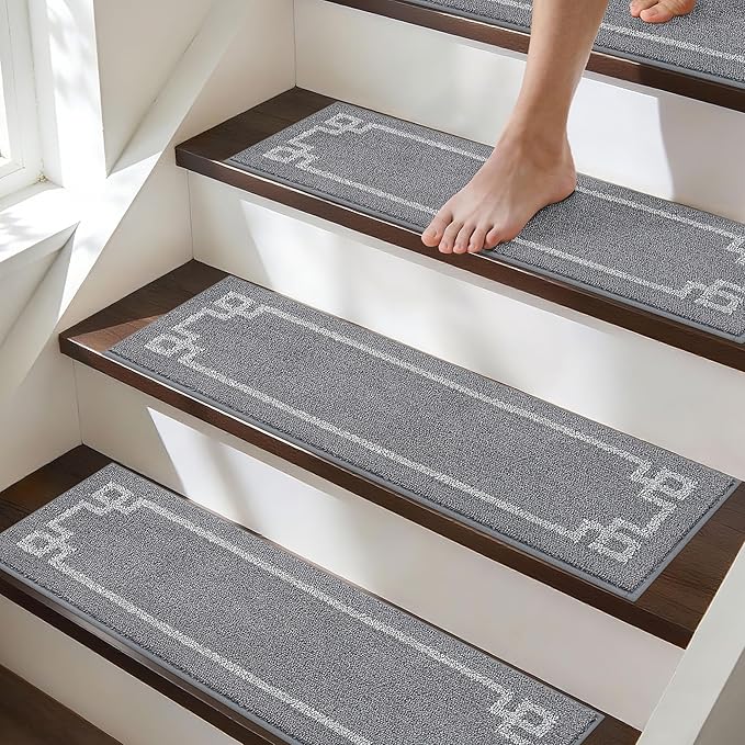 BEQHAUSE Stair Treads for Wooden Steps Non Slip Washable Carpet Stair Treads with Reusable Residue Free Backing Soft Polyester Stair Runners Indoor for Kids Elders and Dogs 9”x28”,4pcs,Grey