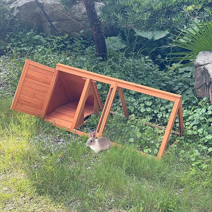Wooden A-Frame Rabbit Hutch Bunny Cages with Ventilating Wire & 2 Doors Indoor Outdoor Portable Playpen Run House for Chicken Duck Quail Poultry & Small Animals (Natural Wood)