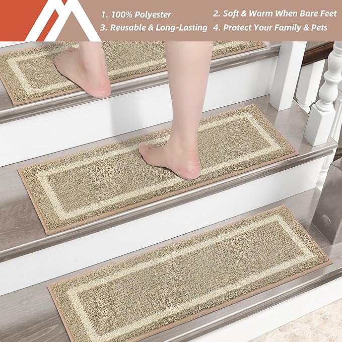 COSY HOMEER Soft Stair Treads Non-Slip Carpet Mat 28inX9in Indoor Stair Runners for Wooden Steps,Stair Rugs for Kids and Dogs, 100% Polyester TPE Backing 10pcs,Beige