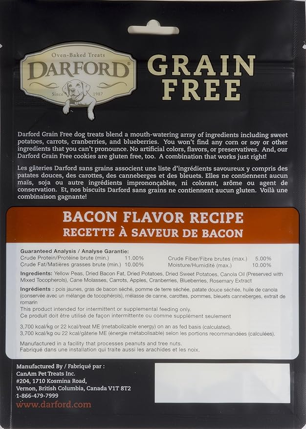 Darford Grain Free Dog Treats – Bacon Recipe – 12 oz Bag – All Natural Baked Dog Biscuits with Real Meat – No Corn, Soy, or Grains – No by-Products or Artificial Flavors – Made in Canada