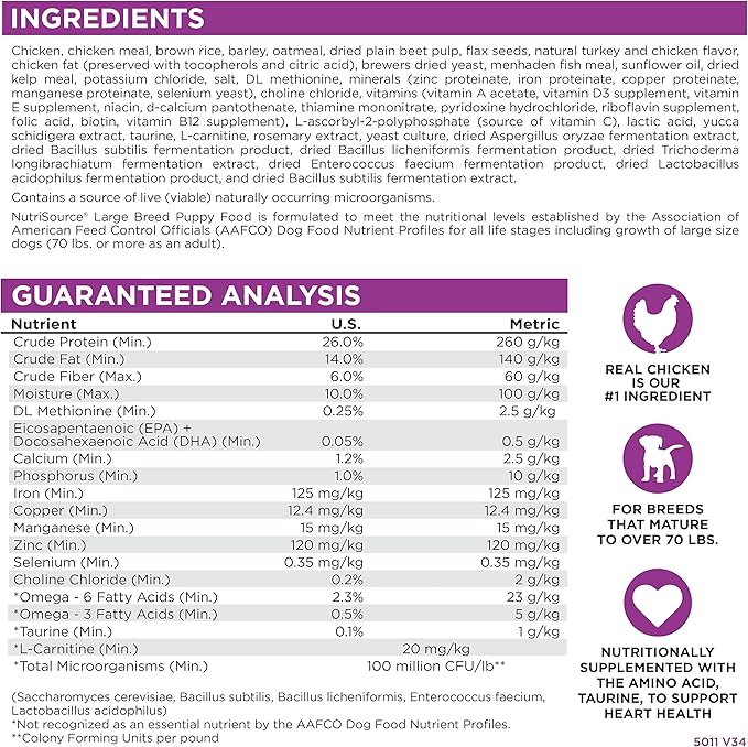 NutriSource Puppy Food for Large Breeds, Chicken and Rice, 26LB