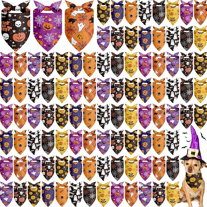 Shyyween 100 Pieces Halloween Dog Bandanas Bulk Pumpkin Ghost Bandanas for Dogs Soft Triangle Bibs Adjustable Triangle for Small Medium Large Pets Halloween Party Costume
