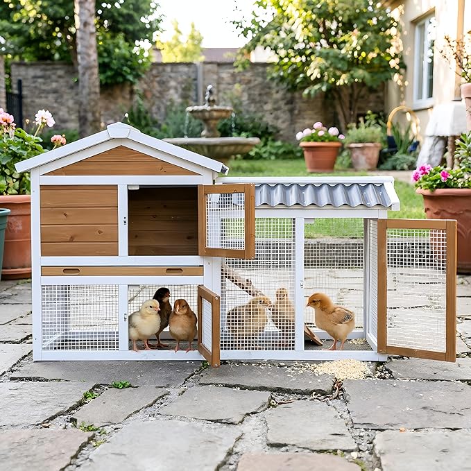 Outdoor Wooden Rabbit Hutch with Waterproof PVC Roof - Includes Staircase, Easy-Clean Tray, Secure Fence Design, Superior Ventilation, and Triple Lockable Access Doors（41314）
