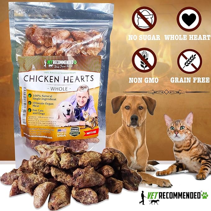 Vet Recommended Premium Whole Chicken Hearts for Dogs and Cats (5oz Bag), Freeze Dried Natural Dog Treats - Perfect Organ Meat for Pets, Human Grade, Natural Source of Taurine, USA Made.