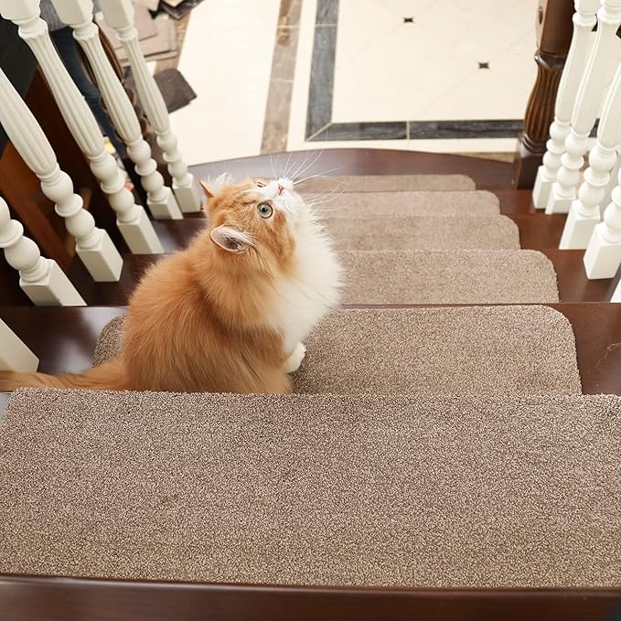 COSY HOMEER Stair Treads Non-Slip Carpet Mat 28inX9in Indoor Stair Runners for Wooden Steps, Stair Rugs for Kids and Dogs, 100% Polyester TPE Backing 10pcs,Beige,Protect Floor