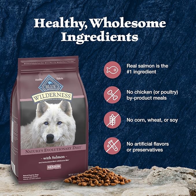 Blue Buffalo Wilderness High-Protein Natural Dry Food for Senior Dogs, Salmon Recipe, 13-lb. Bag