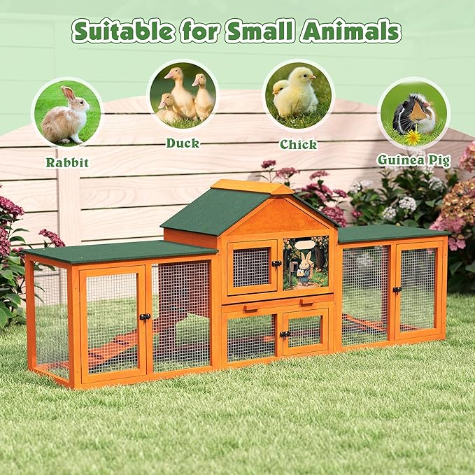 COZIWOW 83” Extra Large Wooden Rabbit Hutch Outdoor Easy to Assemble and Durable Rabbit Cage Bunny Hutch Indoor with Cleaning Tray & Waterproof Roof for Small and Medium Bunny Rabbit Chick (Orange)
