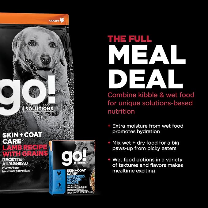 Go! Solutions Skin + Coat Care Lamb Dry Dog Food with Grains, Chicken-Free, Healthy Kibble with Omega-3s & 6s for Soft, Shiny Fur, for Puppies, Adults, & Seniors, 22 lb Bag
