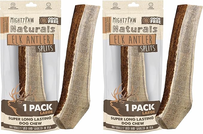 Mighty Paw Split Elk Antlers for Dogs (Sourced in The USA) | 2 Pack, Large 7"+ Long Lasting Bones for Aggressive Chewers - Naturally Shed Split Deer Antler for Dogs - Low Odor Chews