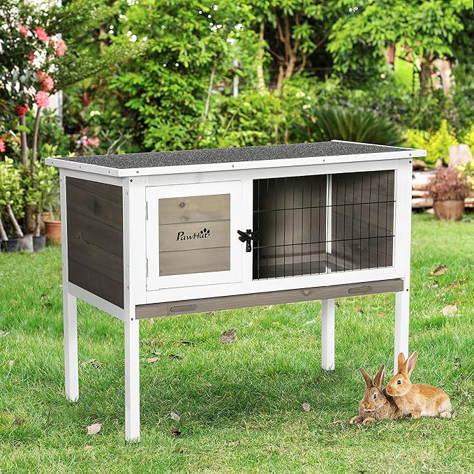 PawHut Elevated Wooden Rabbit Hutch, Indoor/Outdoor Bunny Cage with Hinged Asphalt Roof and Removable Tray for Guinea Pig, Brown