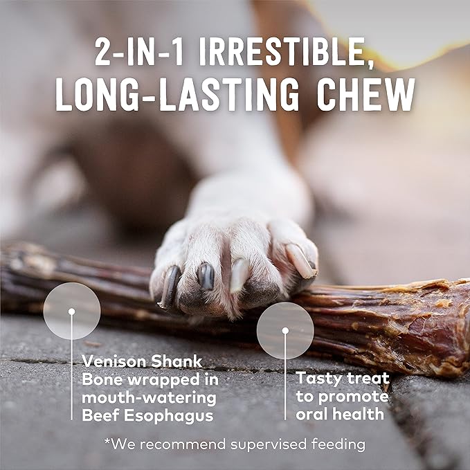ZIWI Venison Deer Half Shank – 2-in-1 Dog Bone Chew Treat Wrapped in Beef Esophagus - All Natural, Air-Dried (2.5oz)