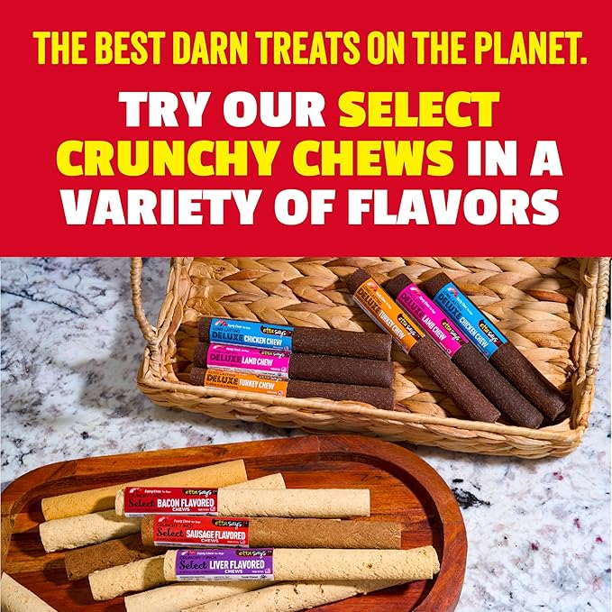 etta says! 7" Select Crunchy Dog Chews - Rawhide-Free Dog Treats - Made in the USA - Odor-Free, All-Natural Ingredients - for Moderate Chewers - Bacon - 10 Pack