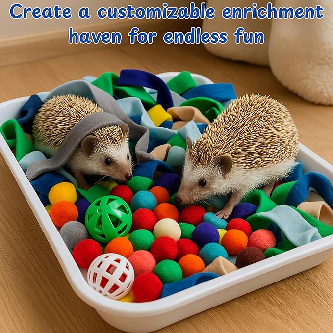 Hedgehog Dig Box Enrichment Cage Accessories, Funny Dig Box Toys with Ball Toy and Laundry Bag, Bell Toy for Hedgehogs Hamster Ferret Kitten Cat, Hedgehog Accessories (Laundry Bags, 120 Ball)