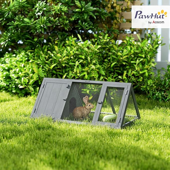 PawHut Rabbit Hutch Outdoor, Wooden Chicken Coop with Run, Outdoor Small Animal Cage for Rabbit, Small Duck and Chicken, for Garden, Backyard, Farms, 45" x 20.5" x 18", Grey