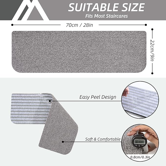COSY HOMEER Stair Treads Non-Slip 15pcs Carpet Mat 28inX9in Indoor Stair Runners for Wooden Steps, Stair Rugs for Kids and Dogs, 100% Polyester TPE Backing Grey,Protect Floor