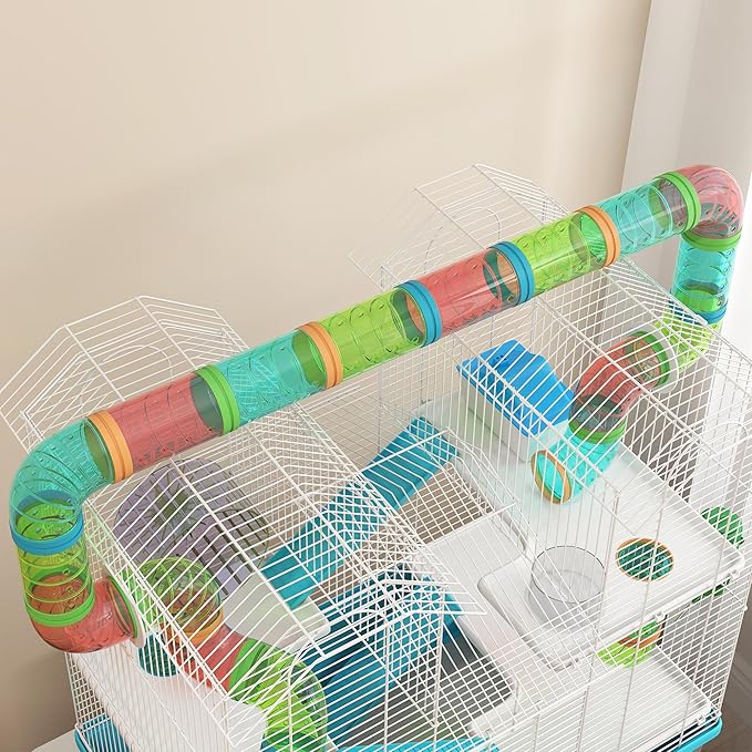 PawHut 4 Tier Hamster Cage, Large Twin Tower Design Gebril Cage with Exercise Wheel, Tubes, Hut, Ramps, Food Dish, Water Bottle, 22.8" x 14.2" x 25.6", Light Blue