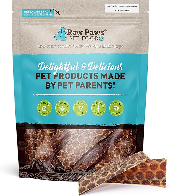 Raw Paws Beef Esophagus Dog Treats, 6-inch (40-Count) - Packed in USA - All Natural Chews - Free-Range Beef Esophagus Strips - Dog Taffy Chews - Single Ingredient Chew for Dogs - Cow Jerky Treats