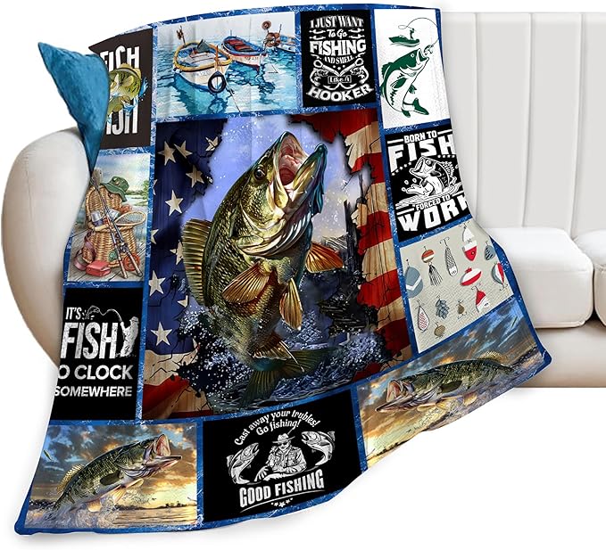 Fishing Blanket Fish Throw Blankets Cozy Fleece Flannel Blanket Fishing Stuff Bedding Fishing Gifts for Men Fisherman Who Loves Fish for Couch Sofa Bed Decor 50"X60"