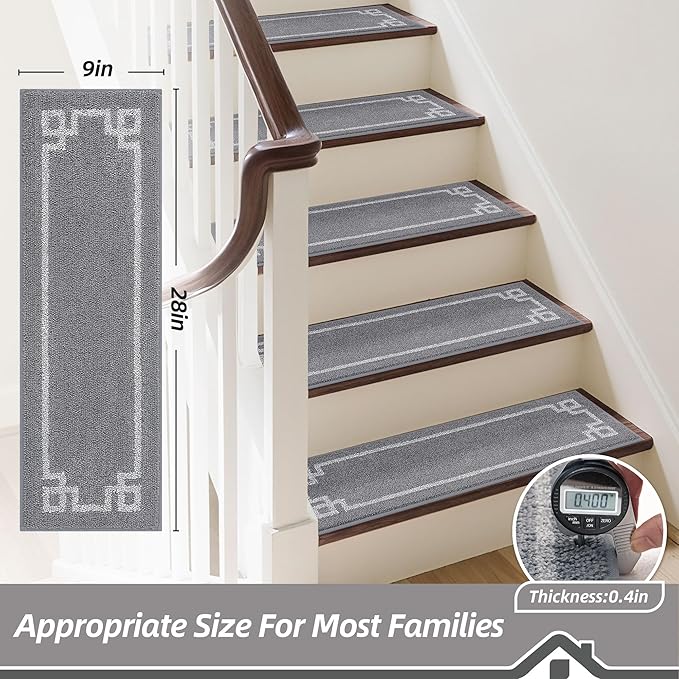 BEQHAUSE Stair Treads for Wooden Steps Non Slip Washable Carpet Stair Treads with Reusable Residue Free Backing Soft Polyester Stair Runners Indoor for Kids Elders and Dogs 9”x28”,4pcs,Grey