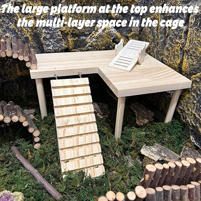 Wooden Hamster Platform with Legs, Large Syrian Hamsters Climbing Platforms with Ramp Kit Wood Ladder Bridge Rat Playing Toy Standing Table Gerbil Cage Accessories