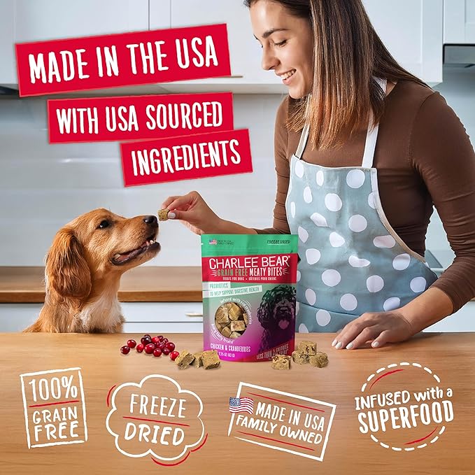 Charlee Bear Grain Free Meaty Bites Freeze Dried Dog Treats with Probiotics, Puppy Training Snacks, Soft Dog Bites Variety Pack, 2.25 oz Bags (5), Made USA