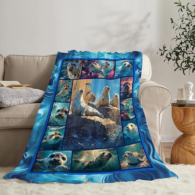 Seal Throw Blanket Ocean Seal Stuff Gifts for Kids Girls Boys Adults Women Men Soft Cozy Warm Plush Fluffy Fuzzy Fleece Blanket Decor 60''X80''