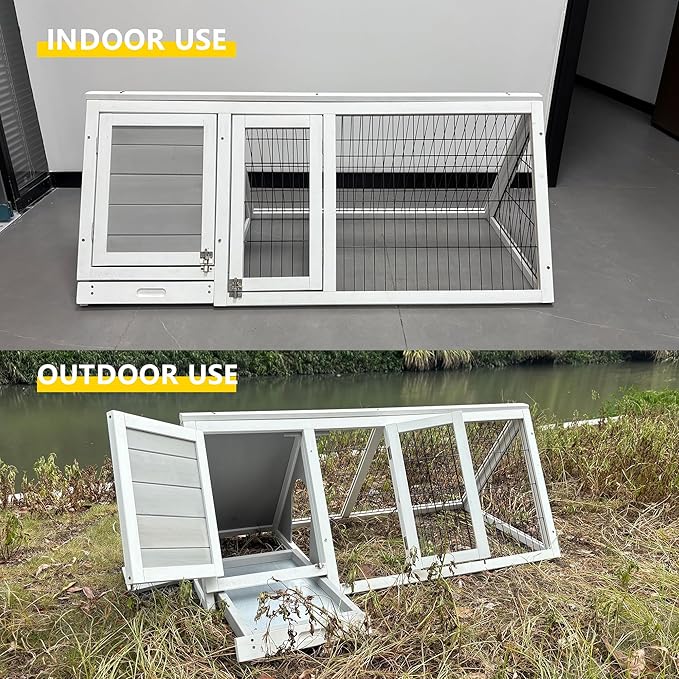 Wooden A-Frame Rabbit Hutch Bunny Cages with Ventilating Wire & 2 Doors Indoor Outdoor Portable Playpen Run House for Chicken Duck Quail Poultry & Small Animals (Grey)