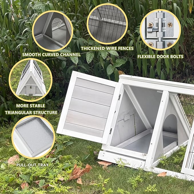 Wooden Rabbit Cage Indoor,A-Frame Bunny Playpen House Outdoor,Small Bunny Hutch with Ventilating Wire Fence for Puppy Rabbits (Grey)