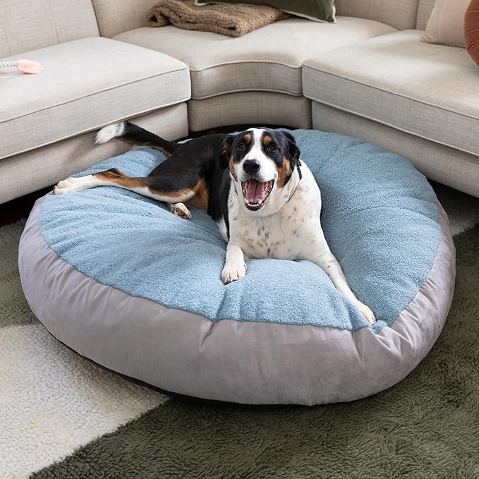JAXX Robbi Dog Bed Bean Bag – Round Bed with Machine Washable Cover and No-Slip Base - Supportive Memory Foam for Senior Dogs & Joint Pain Relief - Ultimate Comfort & Luxury - Large, Blue/Grey
