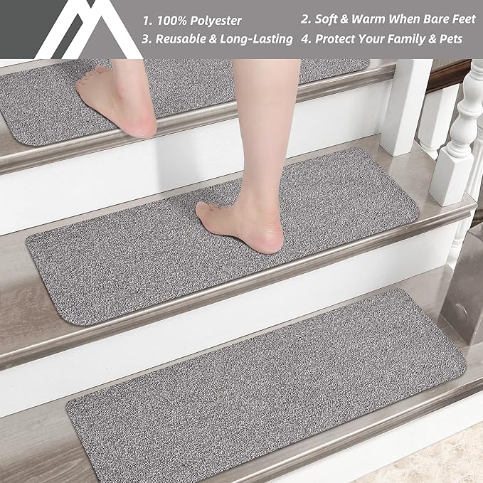 COSY HOMEER Stair Treads Non-Slip Carpet Mat 28inX9in Indoor Stair Runners for Wooden Steps, Stair Rugs for Kids and Dogs, 100% Polyester TPE Backing 10pcs,Grey,Protect Floor