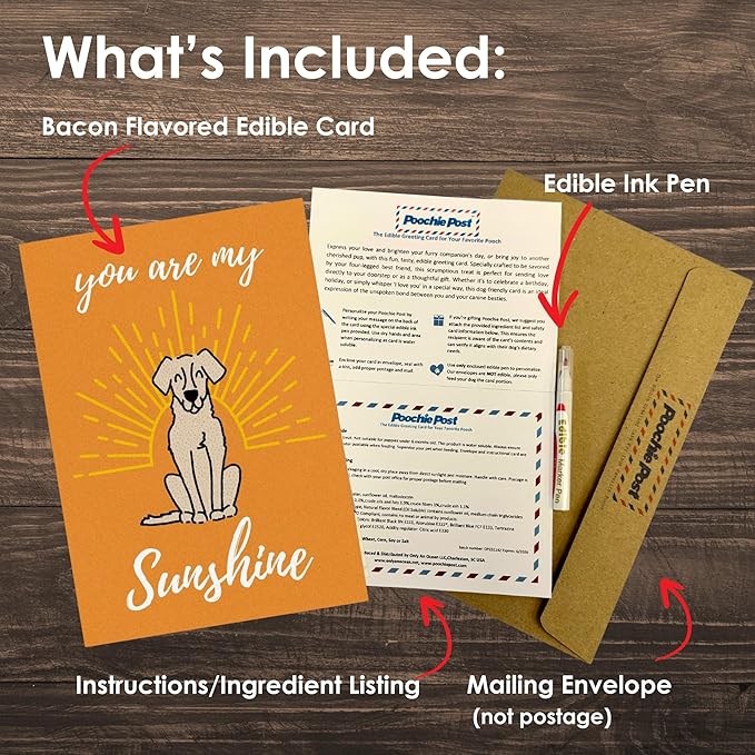 Poochie Post Edible Greeting Card for Dogs, Bacon-Flavored Dog Treat Gift with Edible Ink Pen, "You Are My Sunshine" Design, Gluten & Grain Free, Made in USA
