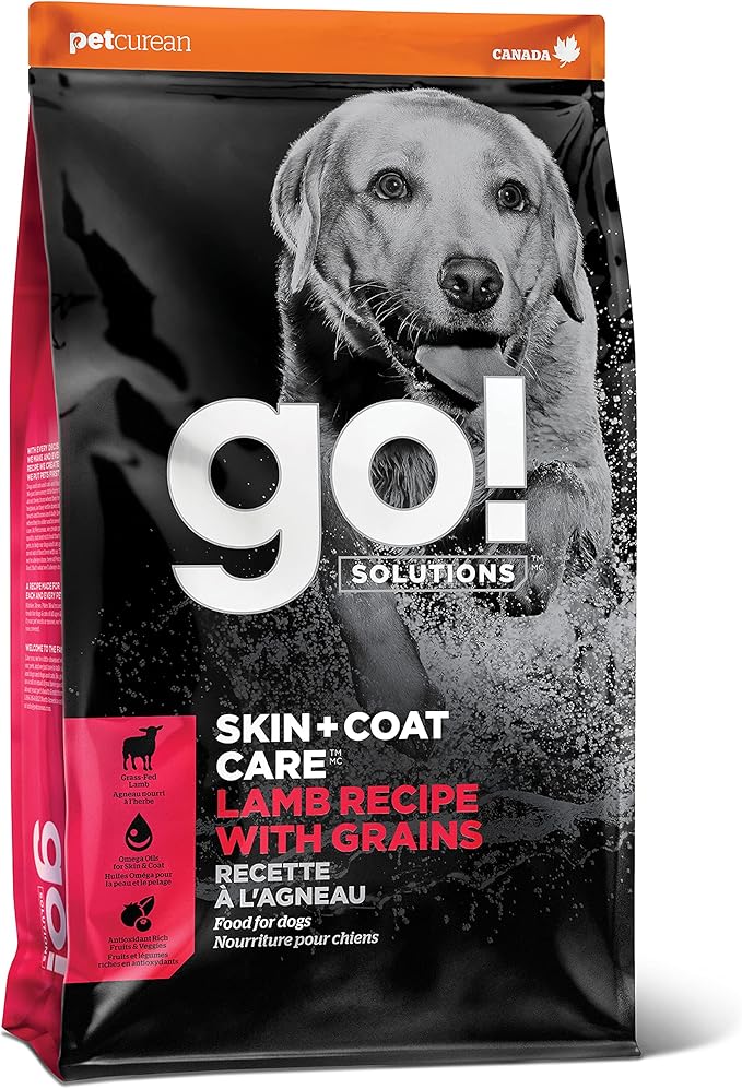 Go! Solutions Skin + Coat Care Lamb Dry Dog Food with Grains, Chicken-Free, Healthy Kibble with Omega-3s & 6s for Soft, Shiny Fur, for Puppies, Adults, & Seniors, 12 lb Bag
