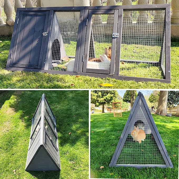 Rabbit Hutch Outdoor Chicken Coop Wooden A-Frame Small Animal Cage Quail Cage w/Chicken Run & Ventilated Wire Fence Suitable for Garden Backyard Farms 47 x 18 x 19.5 in (Grey)