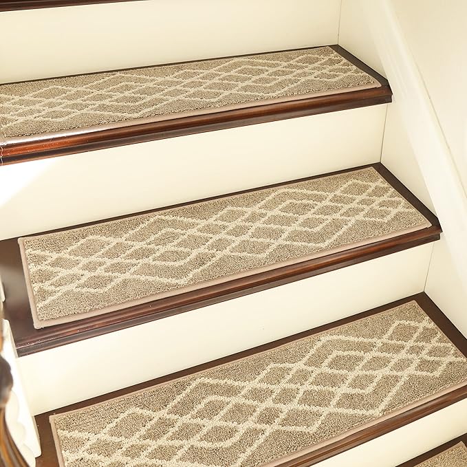 COSY HOMEER Soft Stair Treads Non-Slip Carpet Mat 28inX9in Indoor Stair Runners for Wooden Steps,Stair Rugs for Kids and Dogs, 100% Polyester TPE Backing 4pcs,Beige,Rhombus