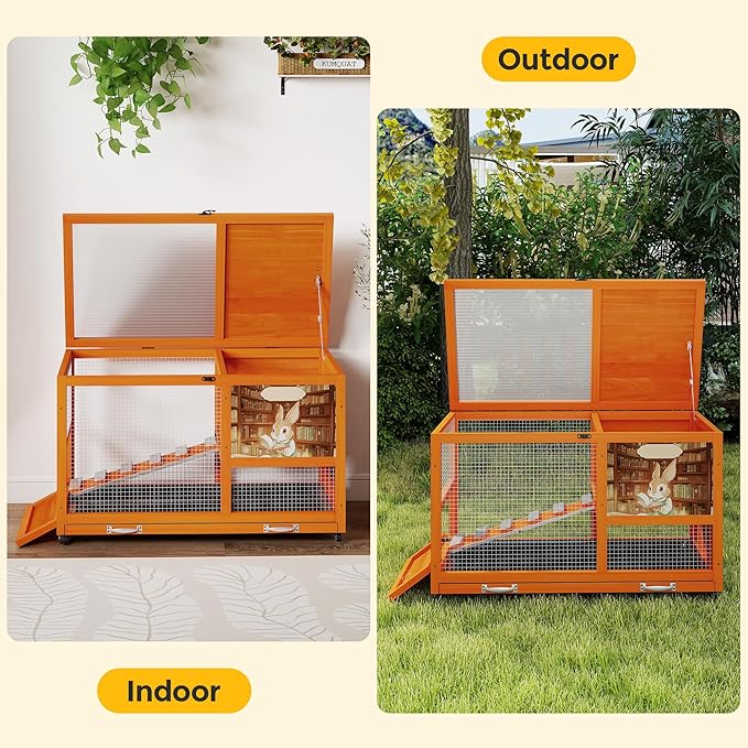 COZIWOW 36.5-Inch Double-Decker Wooden Rabbit Hutch with Wheels, Featuring A Cleaning Tray and Ladder—Stylish and Easy to Assemble（Orange and Pattern）