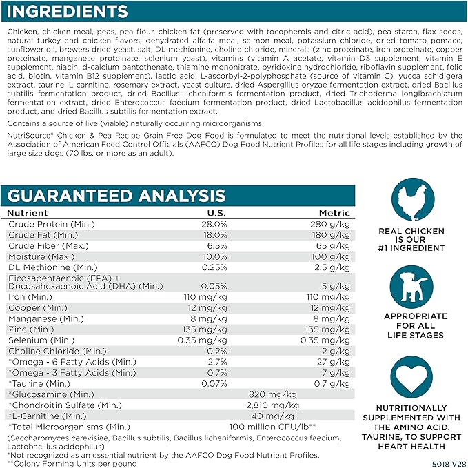 NutriSource Grain Free Dry Dog Food, Chicken and Peas, 26LB