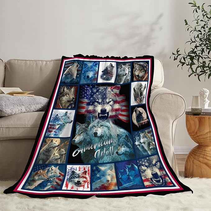 Wolf Throw Blanket American Flag Wolf Stuff Gifts for Kids Girls Boys Adults Women Men Soft Cozy Warm Plush Fluffy Fuzzy Fleece Blanket Decor 60''X80''
