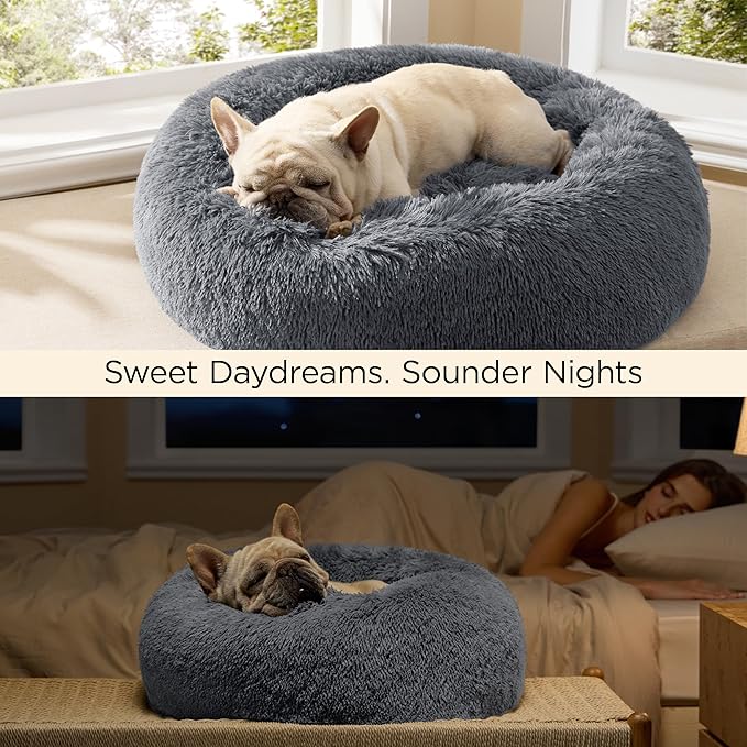 Bedsure Calming Dog Bed for Medium Large Dogs - Donut Washable Large Pet Bed, 33 inches Anti-Slip Round Fluffy Plush Faux Fur Dog Bed, Dark Grey