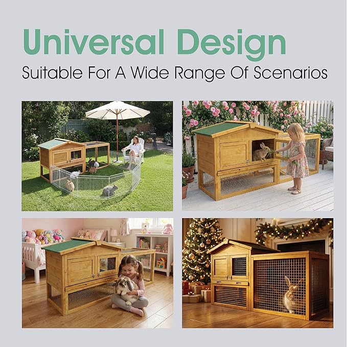 Garvee Wooden Rabbit Hutch Indoor and Outdoor, Rabbit Cage with Removable Wire Netting and Leak Proof Tray, Weatherproof Bunny Cage with Anti-Chew Metal Frame Ramp for Small Animals Natural